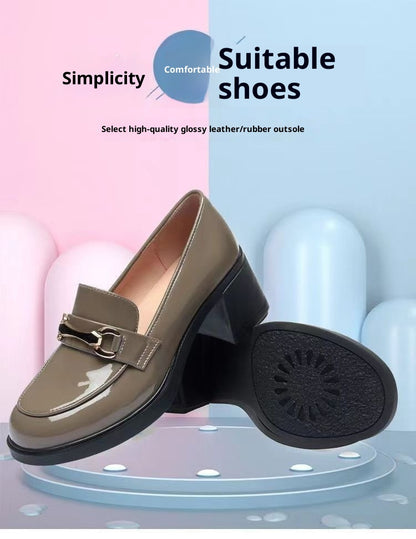 Dark Green Glossy Chunky Heel Metal Buckle Loafers For Women