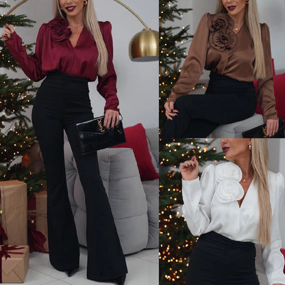 V-neck Flower Decoration Satin Long Sleeve Shirt Top