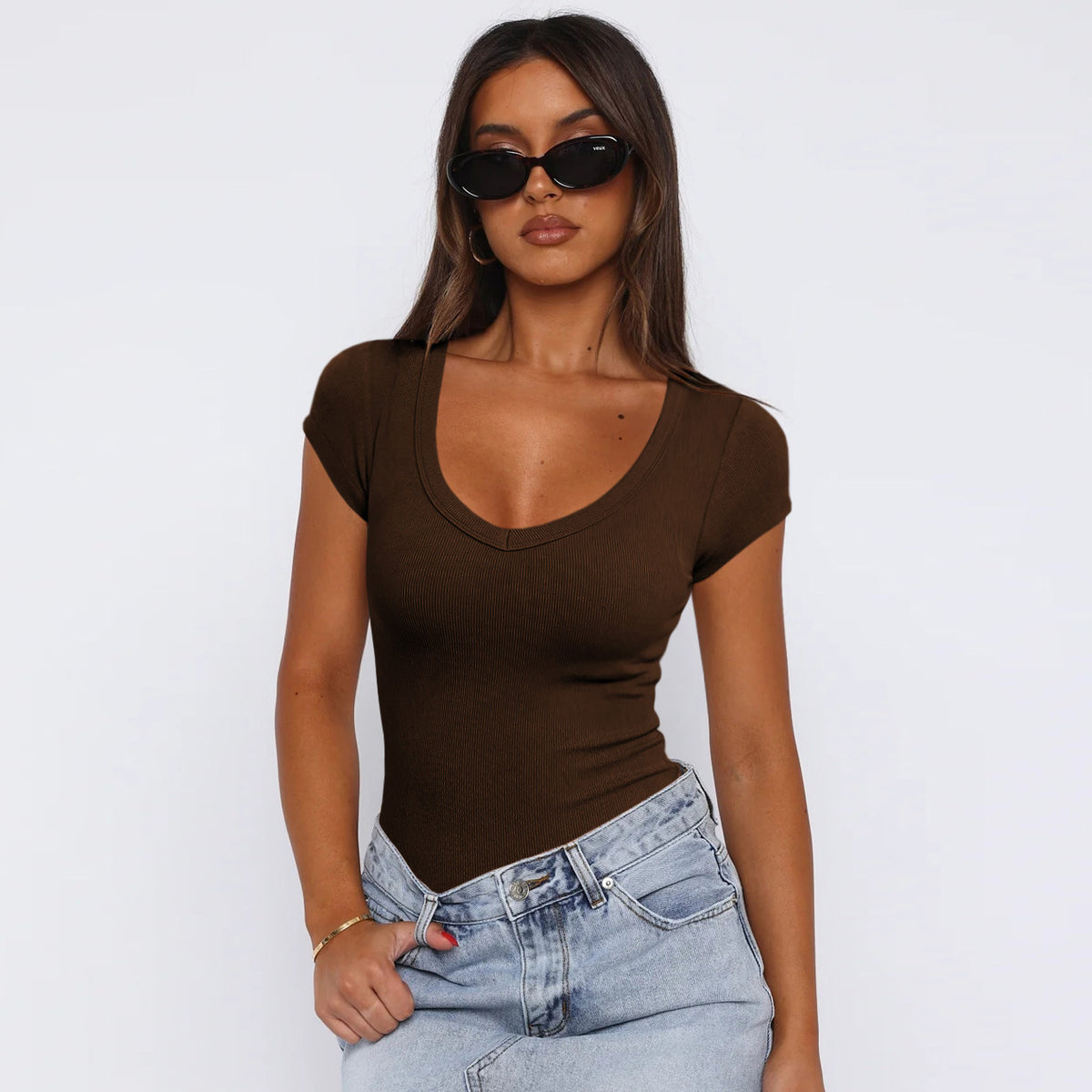 Womens Ribbed Pullover Solid Color Versatile And Stylish Short Sleeves
