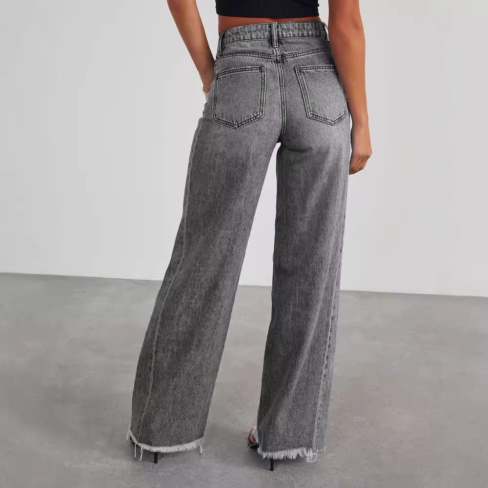 Jean taille haute tendance avec poches, coupe slim confortable, pantalon droit et large, vêtements pour femmes