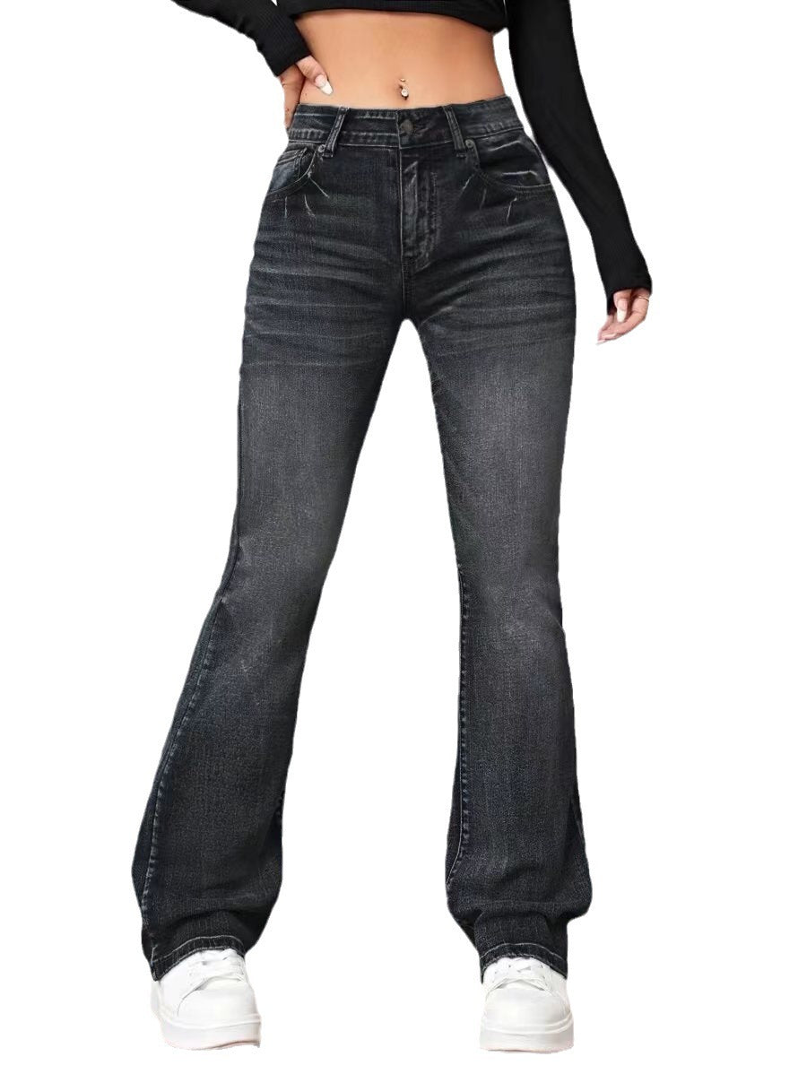 Pantalon bootcut ample et amincissant en denim taille haute moyenne. Patte Semi étroite
