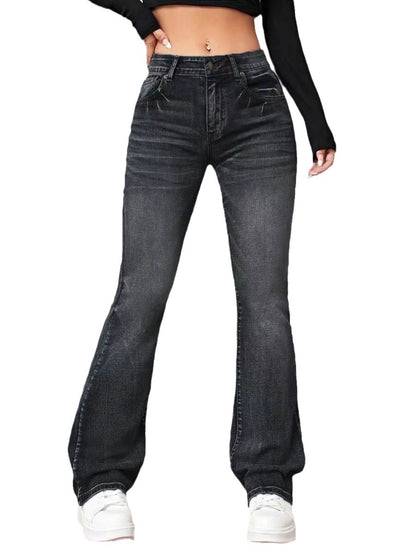 Pantalon bootcut ample et amincissant en denim taille haute moyenne. Patte Semi étroite