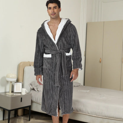 Thick Night-robe Flannel Men's Long Hooded Lace Bathrobe