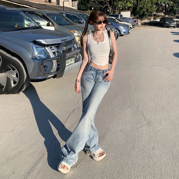 Pantalon taille basse style rétro américain à pattes d'éléphant, coupe slim, amincissant, extensible.