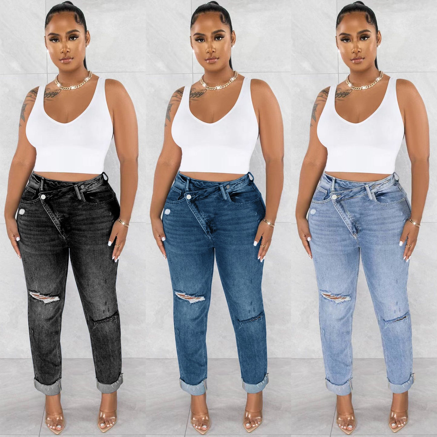 Jean extensible déchiré à boucle diagonale pour femme. Un jean ou vous allez vous sentir confortable.