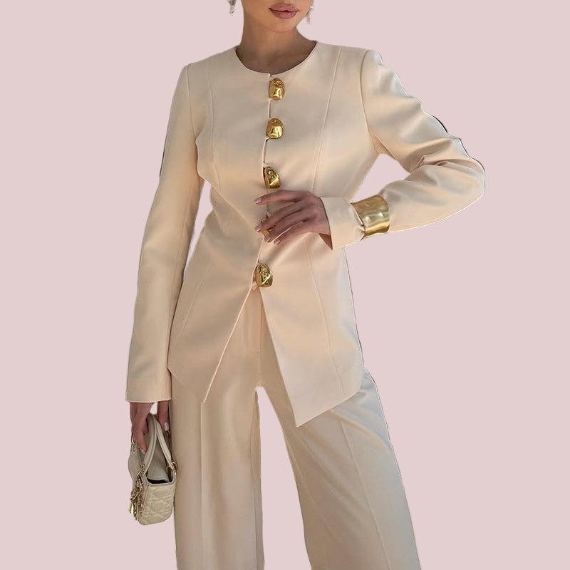 Women's White Top Straight Loose Trousers Suit