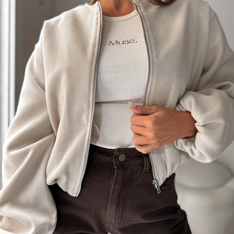 Manteau court à épaules dénudées et col rond pour femme, manches lanternes très cozy