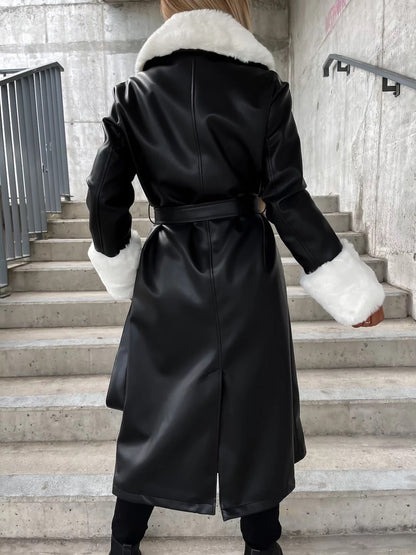 Manteau en cuir ample à lacets, col en fourrure et poches, style décontracté mode pour femme