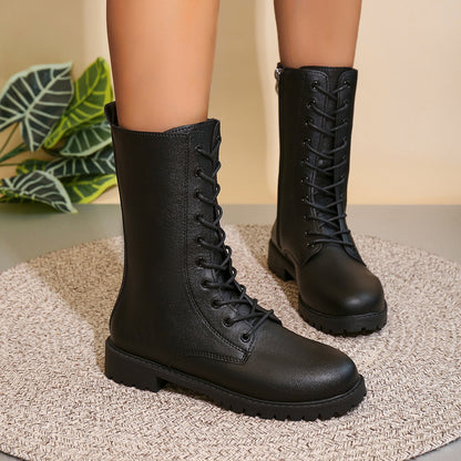 British Style Round Toe Side Zipper Thick Bottom Locomotive Large Size Women's Boots